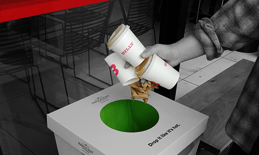 some cups going into a bin iwth a circular hole