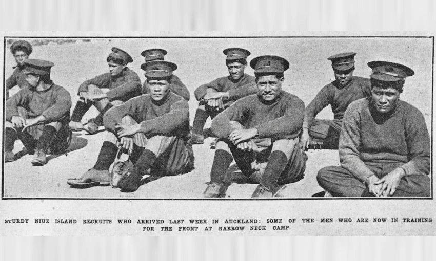 Niuean soldiers while in training at Auckland’s Narrow Neck Camp. The soldier left of centre has removed one of his shoes. Wearing shoes and boots was agonising for the Niueans, who went barefooted over a their island’s landscape of old coral and were unused to footwear. Image courtesy of the Sir George Grey Special Collections, Auckland Libraries, reference: 7-A14272.