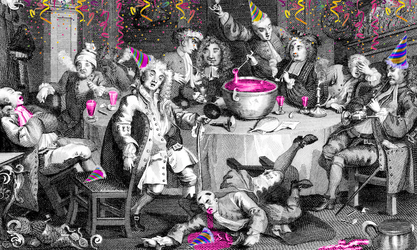 Punch was big on the 18th-century party scene, to which this painting by Hogarth (embellished by The Spinoff’s Tina Tiller) attests (ORIGINAL IMAGE: GETTY IMAGES) 

