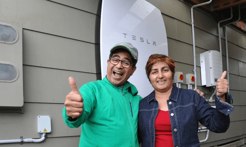 A couple in Auckland who received solar panels and a Tesla Powerwall home battery as part of Vector’s Future of Energy competition in 2015. 
