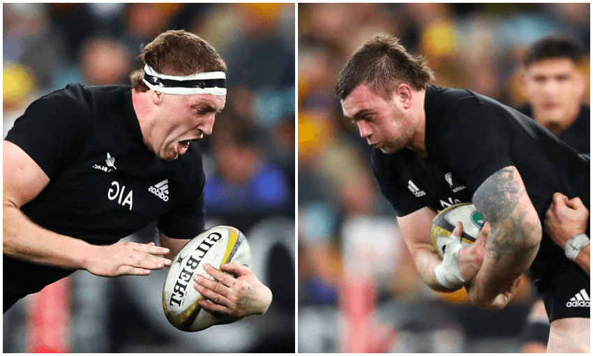 All Blacks Brodie Retallick (left) and Liam Squire (right) in the Bledisloe Cup match between the Wallabies and the All Blacks at ANZ Stadium on August 18, 2018 in Sydney, Australia. (Photos by Mark Kolbe/Getty Images) 
