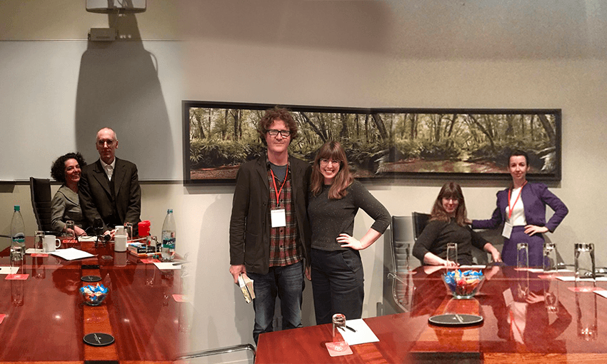 L-R: Stella and Thomas, owners of VOLUME and winners of the 2018 bookshop of the year; Louisa talks with Shaun Blythell of ‘Diary of a Bookseller’; and Louisa and Jenna in the boardroom they called home for this year’s 2018 NZ Booksellers conference 
