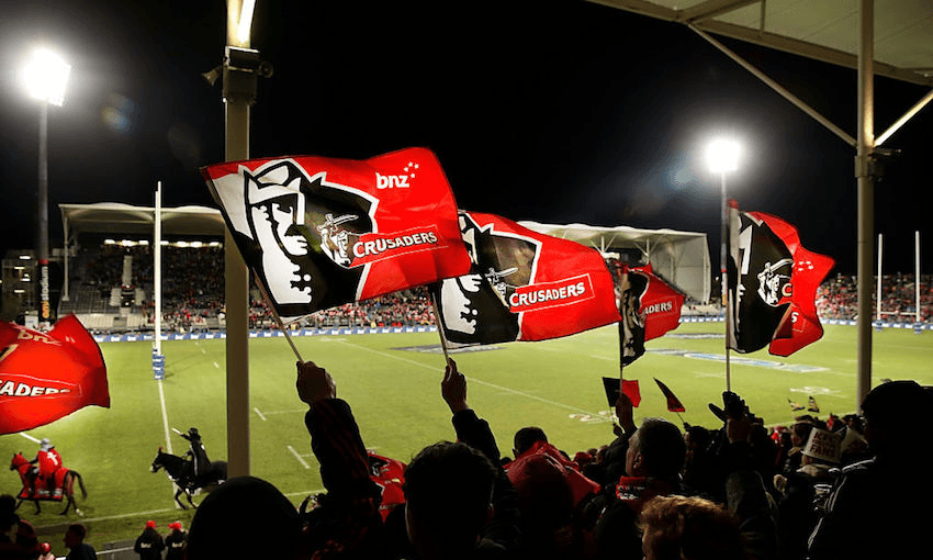 Crusaders fans show their support during the Super Rugby Semi Final match between the Crusaders and the Hurricanes at AMI Stadium. (Photo by Martin Hunter/Getty Images) 
