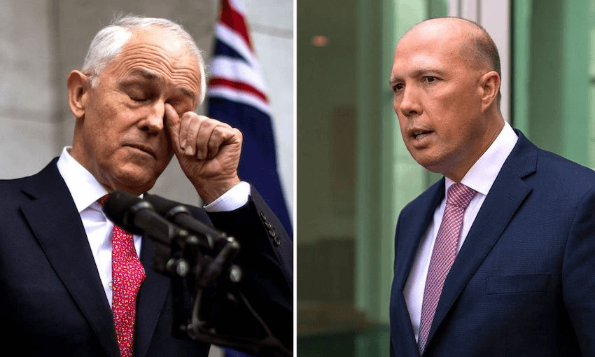 Australian Prime Minister Malcolm Turnbull (L)  and leadership challenger Peter Dutton in Canberra on August 21, 2018.  (Photo by Sean Davey / AFP/ Getty Images)         
