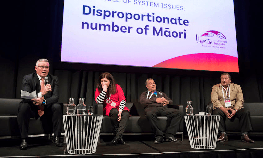 A panel including Minister for Corrections Kelvin Davis, member of the NZ Parole Board Fiona Pimm, Black Power member and prisoner advocate Ngapari Nui, and Ngāti Kahungunu chair Ngahiwi Tomoana at the 2018 Criminal Justice Summit. Image:  Aaron Smale 
