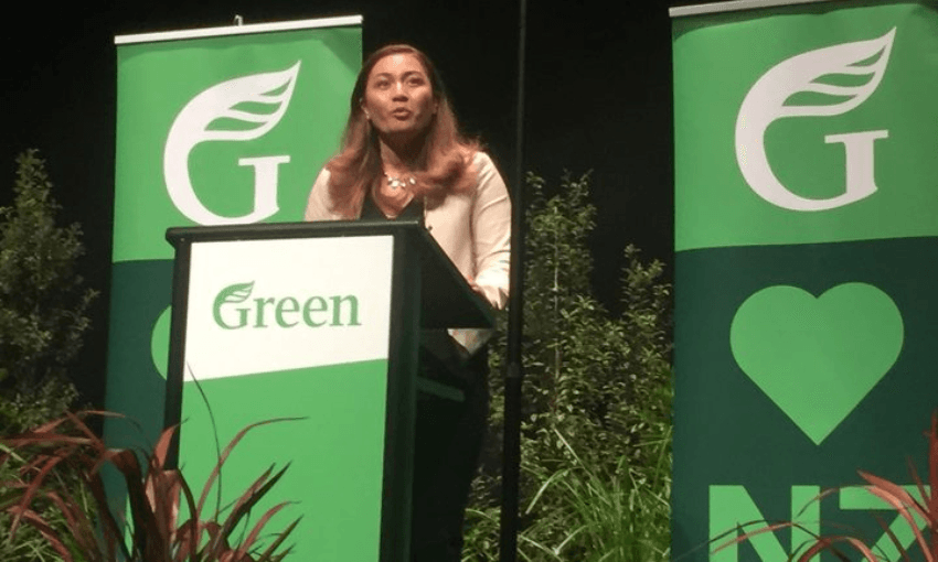 Marama Davidson speaking at the Green Party conference (Radio NZ: Gia Garrick) 
