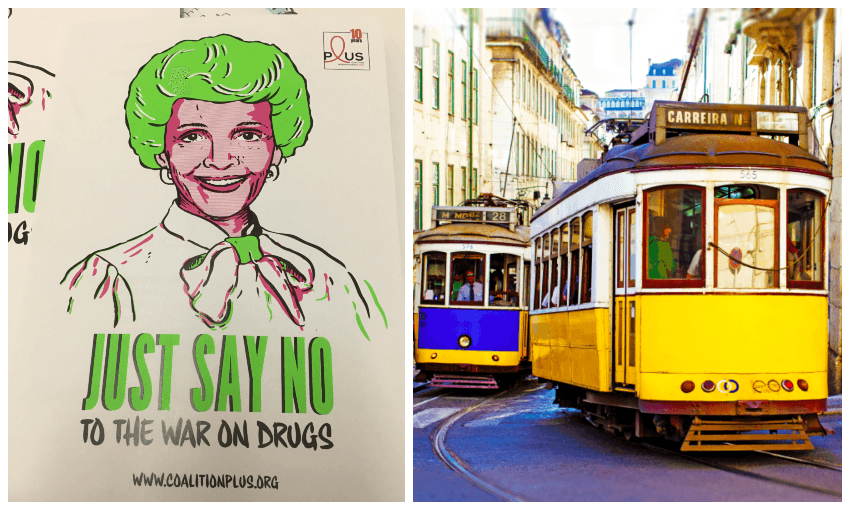 A ‘say no to the War on Drugs’ poster featuring Nancy Reagan, the First Lady and spokesperson for the infamous ‘Just Say No’ campaign in the 1980s (Max Harris). Right: trams on a Lisbon street (Getty) 
