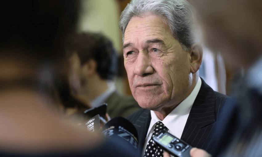 Winston Peters at a media standup (Radio NZ/Phil Smith) 
