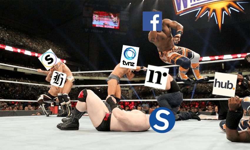 The current state of the NZ media Royal Rumble (illustration: Tina Tiller) 
