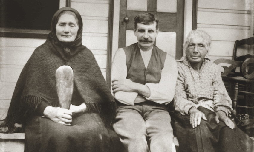 Mere Harper, an unidentified man (possibly her son, William Harper jr) and Ria Tikini at the Harper family home, Huriawa, c.1904–1919. W. A. Taylor Collection, Canterbury Museum. 
