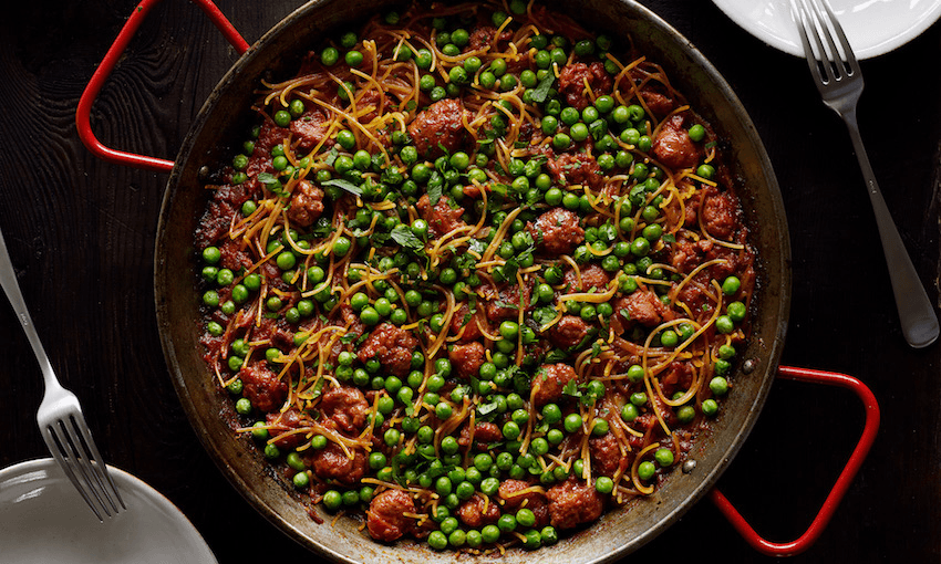 Chorizo and pea fideuà (Recipe, Fiona Smith; Photo: Aaron McLean)