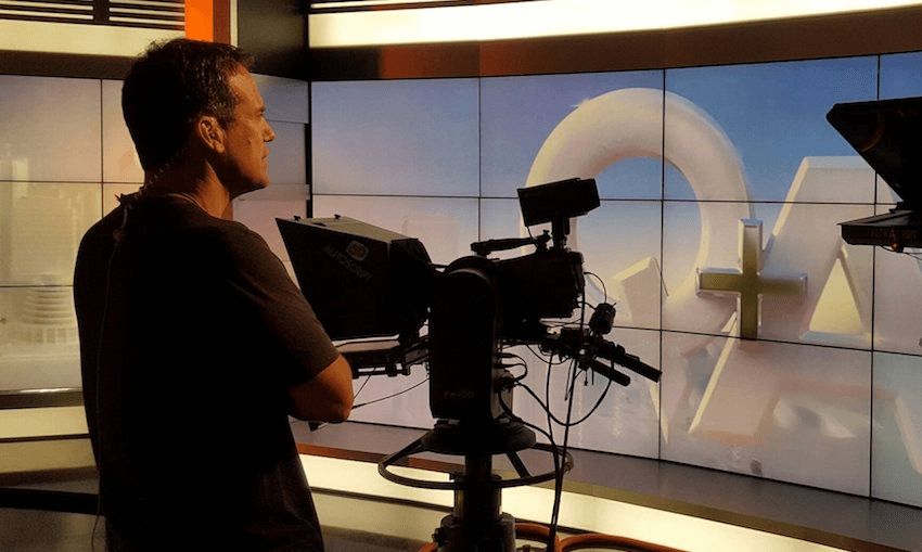 TVNZ presenter Greg Boyed behind the scenes at Q&A. (supplied) 
