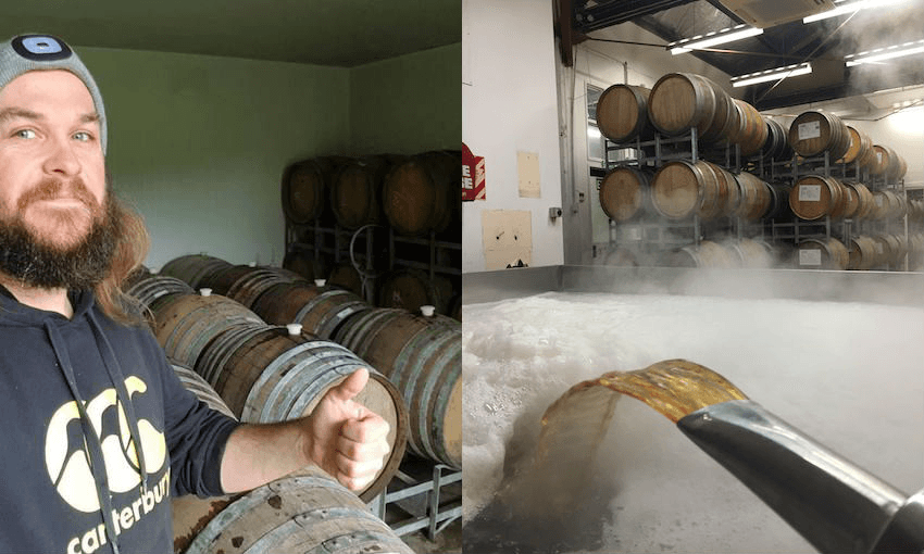 Brayden Rawlinson of Ninebarnyardowls, and the coolship being filled at Garage Project’s Wild Workshop (Photos: Supplied) 
