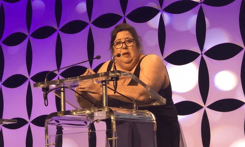Jackie Clark tells it like it is at an awards ceremony, 2018. (Photo: Paula Penfold) 
