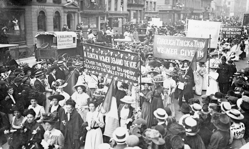 Suffragettes on their way to Women’s Sunday, 21st June 1908. This was the first major, country-wide demonstration for women’s suffrage. Between 200,000 and 300,000 people gathered in Hyde Park, making it one of the largest single demonstrations ever up to that time. (Photo by Museum of London/Heritage Images/Getty Images) 
