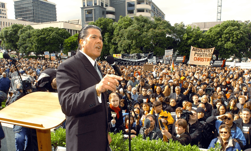 Brian Tamaki, leader of the Destiny Church speaks at his Enough is Enough protest against the Civil Union Bill in Parliament grounds, Wellington. (Photo: Ross Setford/Getty Images) 
