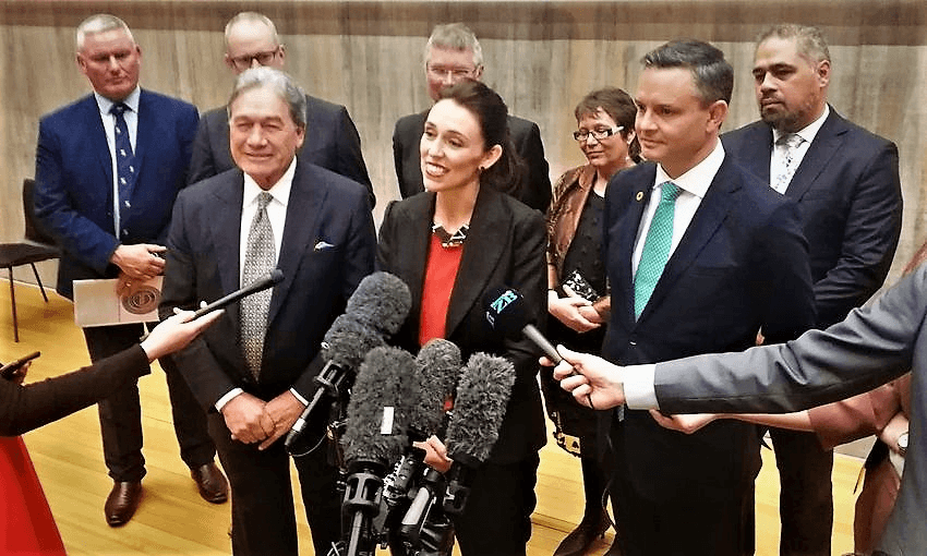 Winston Peters, Jacinda Ardern and James Shaw at AUT. Photo: Toby Manhire 
