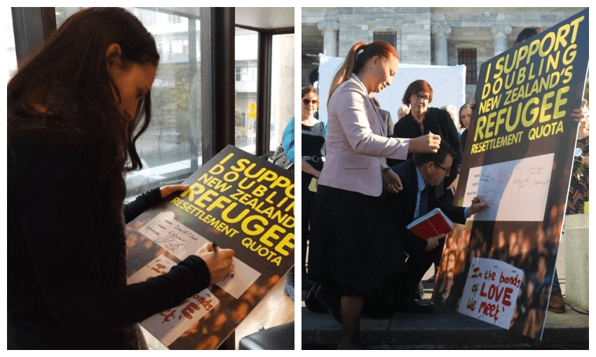 Jacinda Ardern, Marama Davidson, and Grant Robertson pledge support for doubling the refugee quota 
