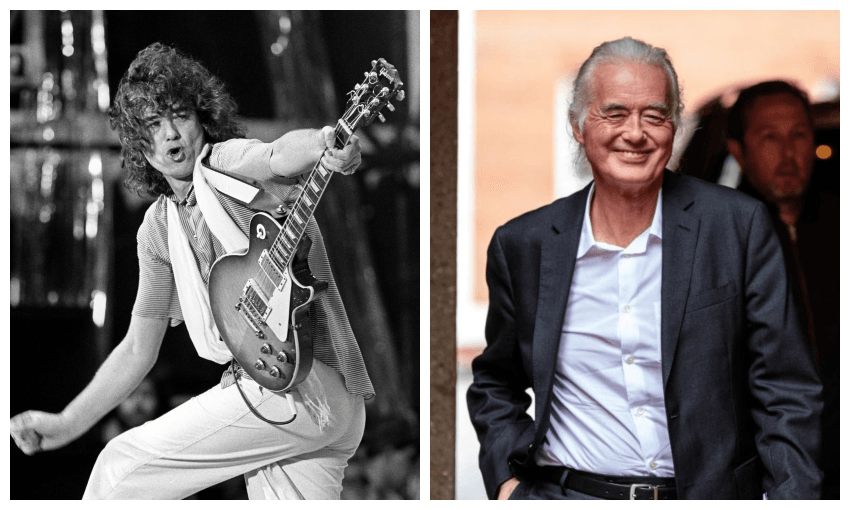 Left: Jimmy Page in 1985, rocking out. Right: Jimmy Page in 2018, leaving a town hall during a planning dispute with neighbour Robbie Williams (Photos: Kevin Mazur and Jack Taylor/Getty Images) 
