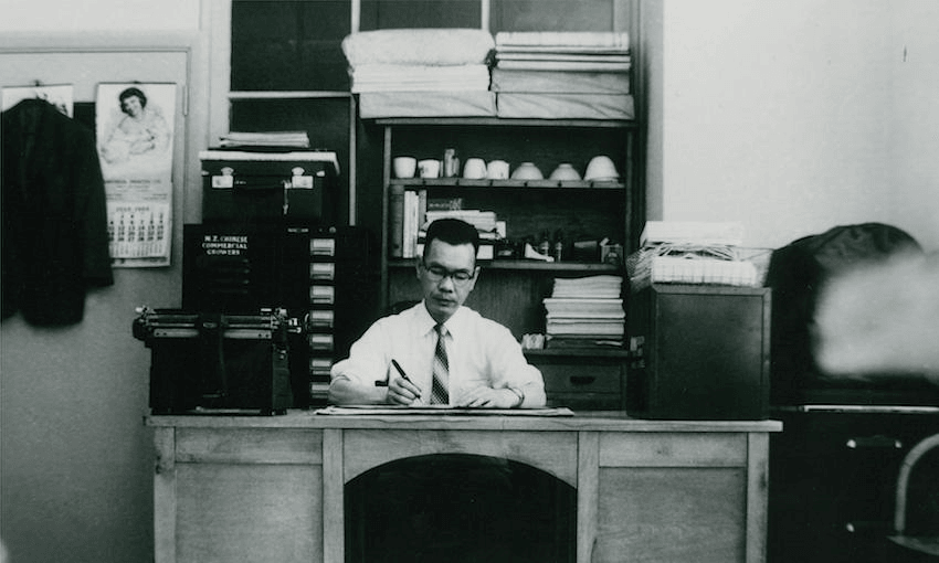 The Journal’s then-editor Lionel Chan (Chan Lai Hung 陳賴洪) working in the office, circa 1960s. (Image reproduced courtesy of Ting Chan.) 
