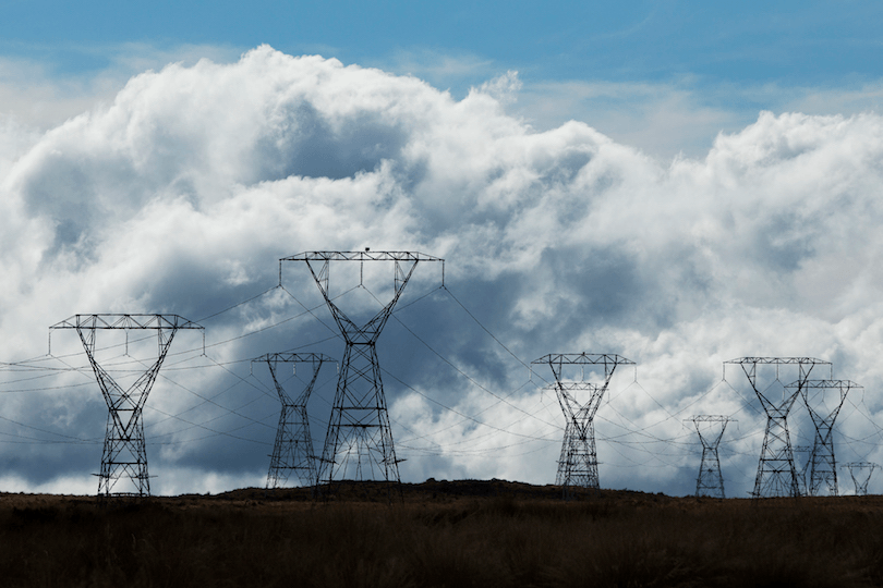 Electricity power pylons stand in Rangipo Desert near the State Highway 1 Desert Road on May 6, 2016 in Waiouru,  (Photo by Hagen Hopkins) 
