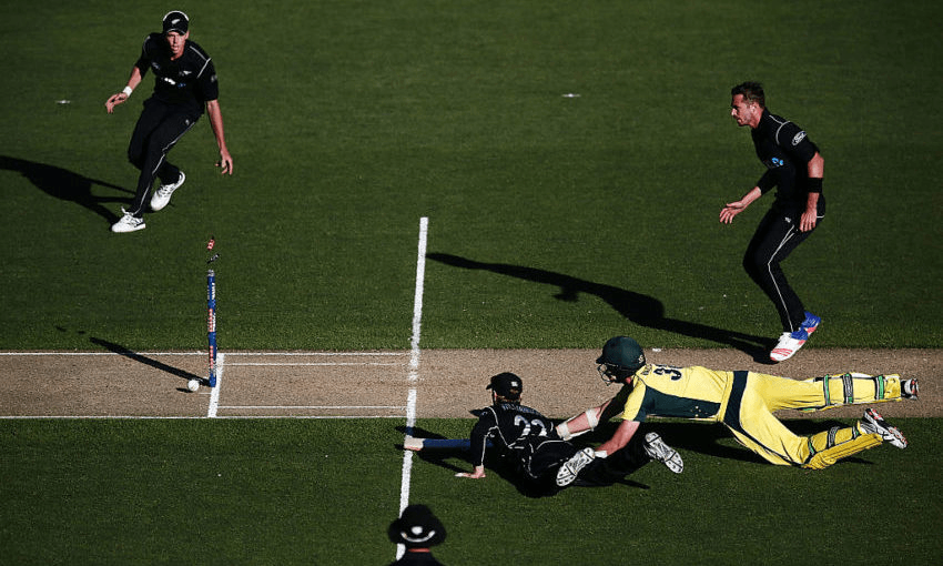 Kane Williamson of New Zealand dismisses Josh Hazlewood of Australia on a run out to win the first One Day International game between New Zealand and Australia at Eden Park on January 30, 2017 in Auckland, New Zealand.  (Photo by Anthony Au-Yeung/Getty Images) 
