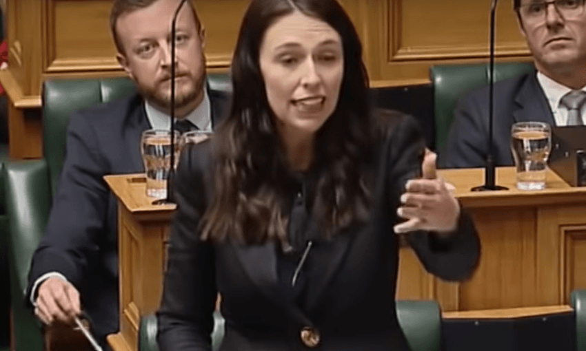 Jacinda Ardern gesticulating at Simon Bridges in parliament (Youtube – InthehouseNZ)  
