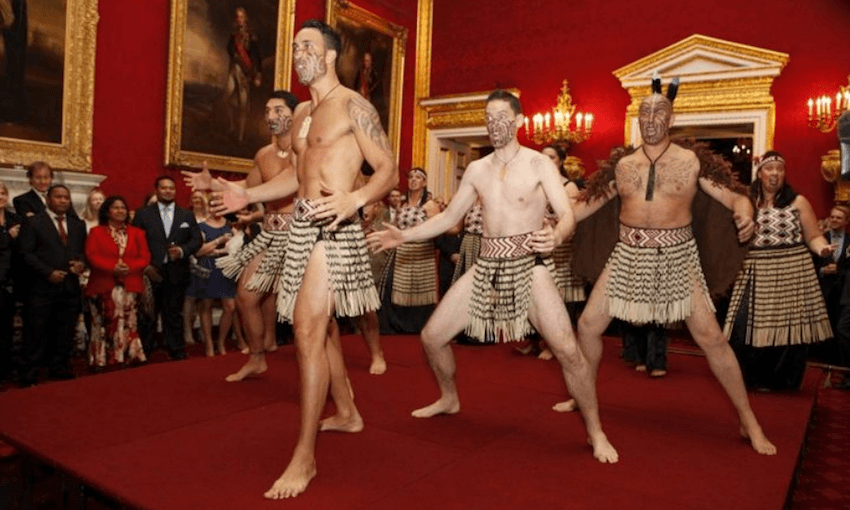Ngāti Rānana perform a haka for the Prince of Wales and Duchess of Cornwall Photo: Courtesy Clarence House / Richard Lewis 
