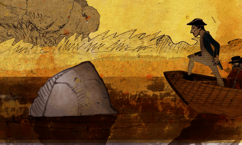 Still from Tiwha, Tiwha Te Pō | Dark, Dark is the Night by Zak Waipara from iwi exhibition, Ko Rongowhakaata: The Story of Light and Shadow.