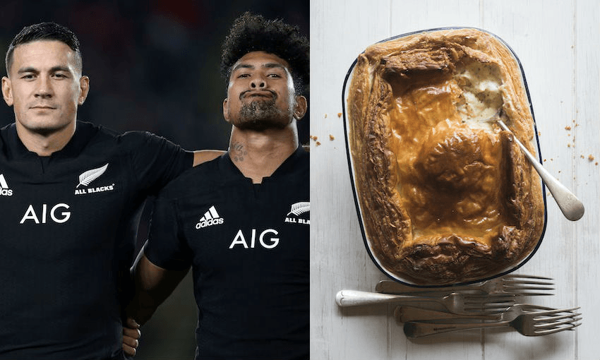 Sonny Bill Williams and Ardie Savea snapped in a rare moment out of the kitchen, and SBW’s fish pie (Photos: Getty Images, Kieran Scott/Tamara West) 
