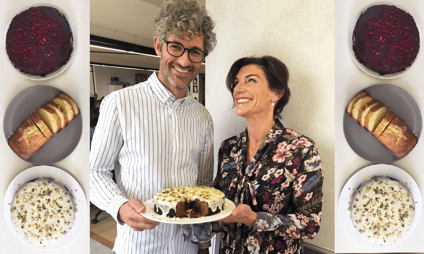 Mark Kelliher and his (spoiler alert) winning cake with judge Sue Fleischl, flanked by the three entrants (Photos: Simon Day and Alice Neville) 
