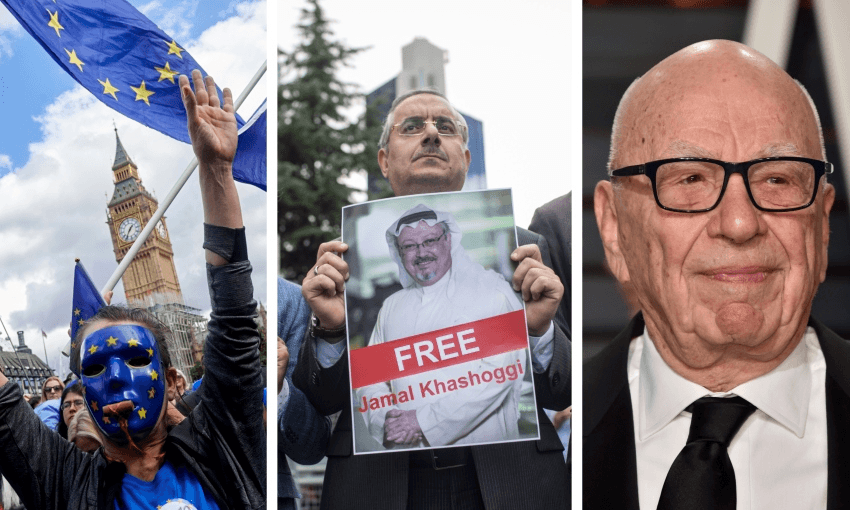 From left: Marchers at the ‘People’s Vote’ Brexit protest, a demonstrator in support of murdered dissident Jamal Khashoggi, and Rupert Murdoch (All photos: Getty Images)  
