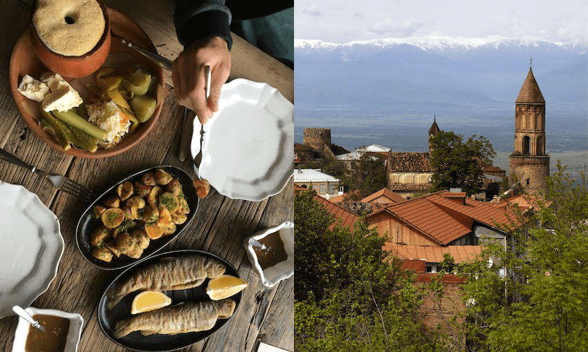 Lobio (red bean soup with pickled veg), fried potatoes with dill and Georgian spices, trout and barbecued veg with green plum sauce at Rooms Hotel Kazbegi; and a picturesque Sighnaghi scene (Photos: Amy Stewart/Getty Images) 
