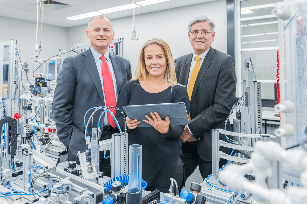 Former beautician Gabriella Swaby never thought she’d be accepted for the Industry 4.0 course. With Swinburne University’s Aleks Subic and Siemens’ Jeff Connolly. (Photo: Supplied). 

