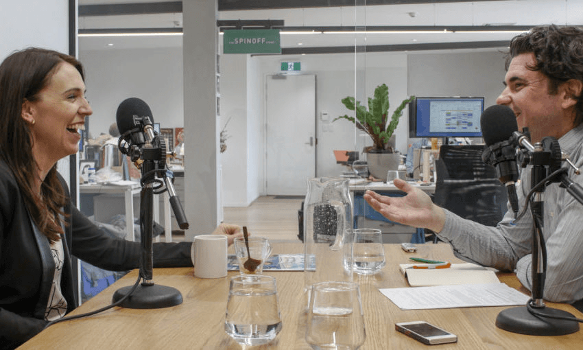 Jacinda Ardern talks to Toby Manhire at the Spinoff last week. Photo: Madeleine Chapman
