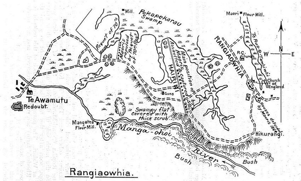 cene of operations at Rangiaowhia and Hairini. Showing positions captured by the British on the 21st and 22nd February, 1864. Image: The New Zealand Wars vol. I by James Cowan, 1922.  

