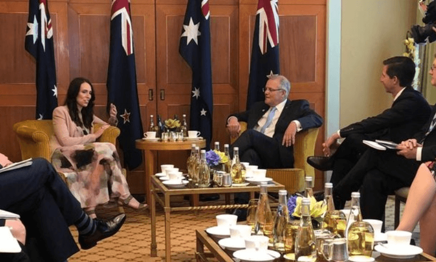 PM Jacinda Ardern and Aussie PM Scott Morrison, presumably discussing sausage sizzles (Radio NZ/Gyles Beckford)