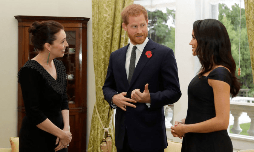 The Duke and Duchess of Sussex meet the Queen of Morrinsville at Government House. Photo” Pool/Samir Hussein/WireImage