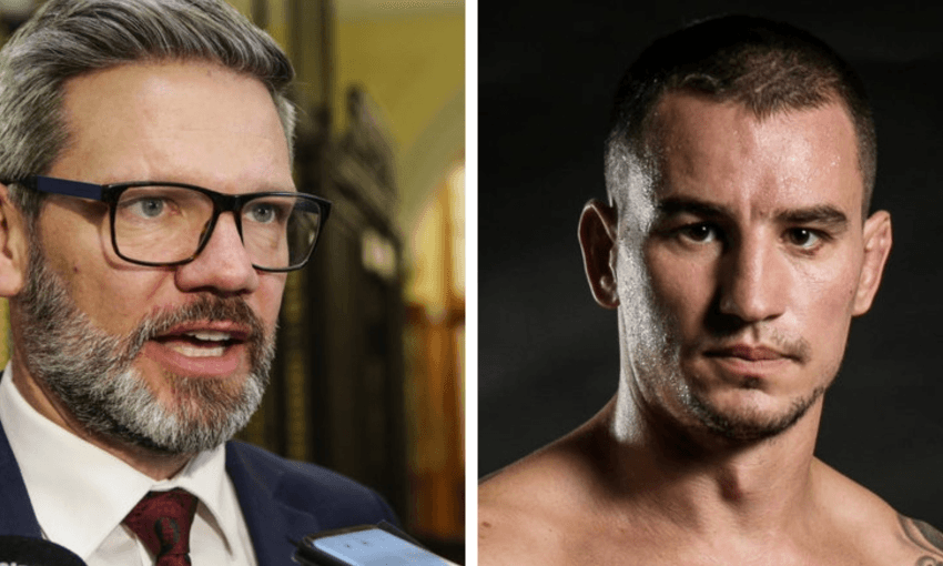 Minister Iain Lees-Galloway and the currently imprisoned Karel Sroubek  (Richard Tindiller Radio NZ and Carmen Bird Photography) 
