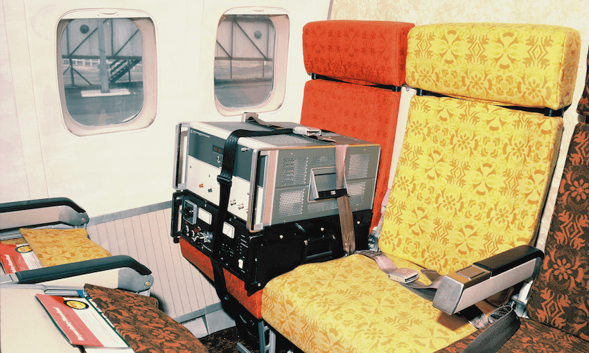Atomic clock Cs1770 and its power supply buckled up safely in First Class about to embark on ‘Flying clock’ experiment (Image: supplied) 
