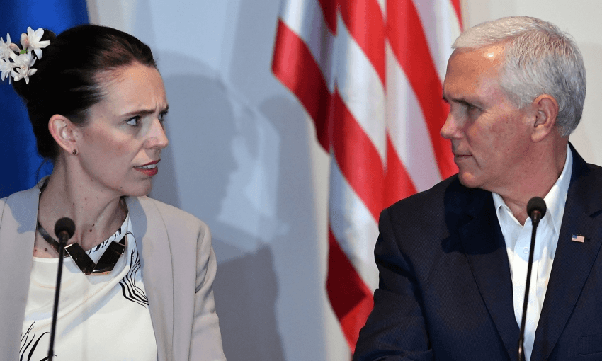 PM Jacinda Ardern and US VP Mike Pence clarifying a point at APEC (Getty Images)  
