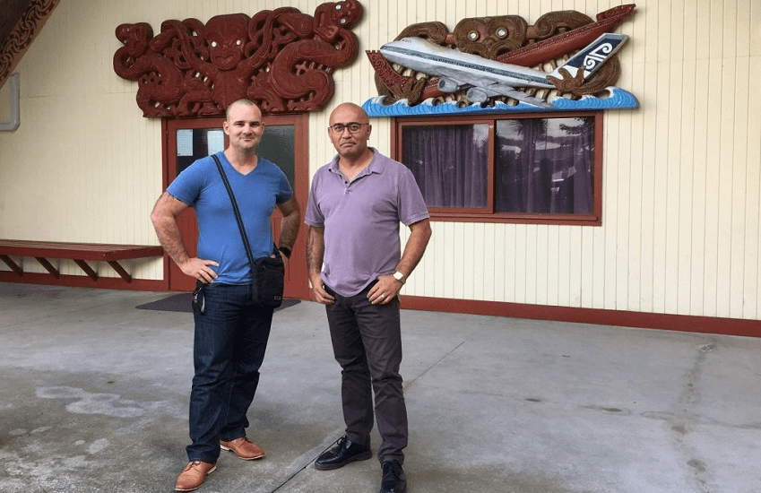 All Heart’s Joe Youssef with Tony Kake at Papakura Marae, the recipient of an unwanted hotel stage. (Photo: All Heart). 

