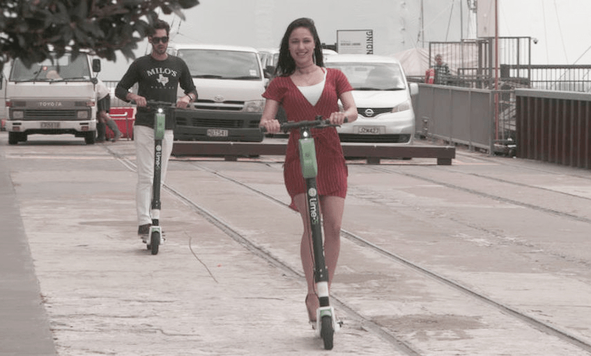 Lime scooters on Auckland’s waterfront. (photo RNZ/ Nick Monr)