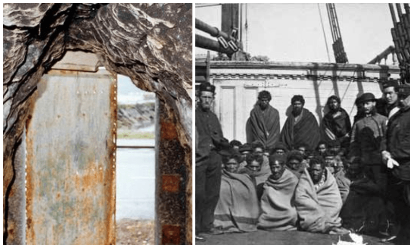 The entrance of the ‘Parihaka’ cave, looking out, and adherents of the Pai Mārire (Hauhau) faith captured by British forces at Weraroa pā, at Waitōtara, north-west of Whanganui. They are being held on a ship in Wellington Harbour in 1866, and were later imprisoned in Dunedin. (Alexander Turnbull Library 
Reference: 1/2-103605-F) 
