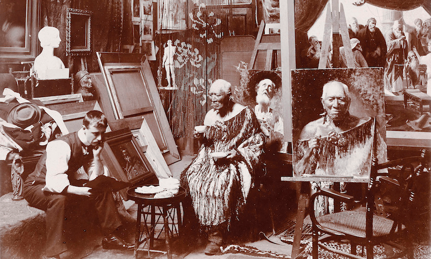 Edwards Studio, Charles F. Goldie in his Studio with Patara Te Tuhi, 1901, gelatin silver photograph, 170 x 250 mm. From the album ‘Maoriland Photographs’, Mitchell Library, State Library of New South Wales, PXA 489 
