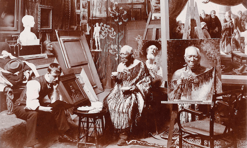 Edwards Studio, Charles F. Goldie in his Studio with Patara Te Tuhi, 1901, gelatin silver photograph, 170 x 250 mm. From the album ‘Maoriland Photographs’, Mitchell Library, State Library of New South Wales, PXA 489