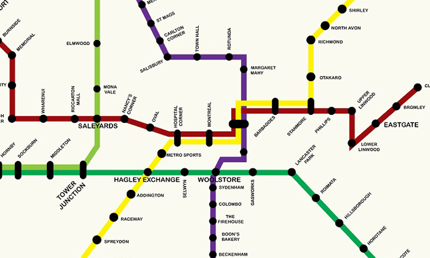 James Dann’s proposed plan for public transport in Christchurch (Close-up)