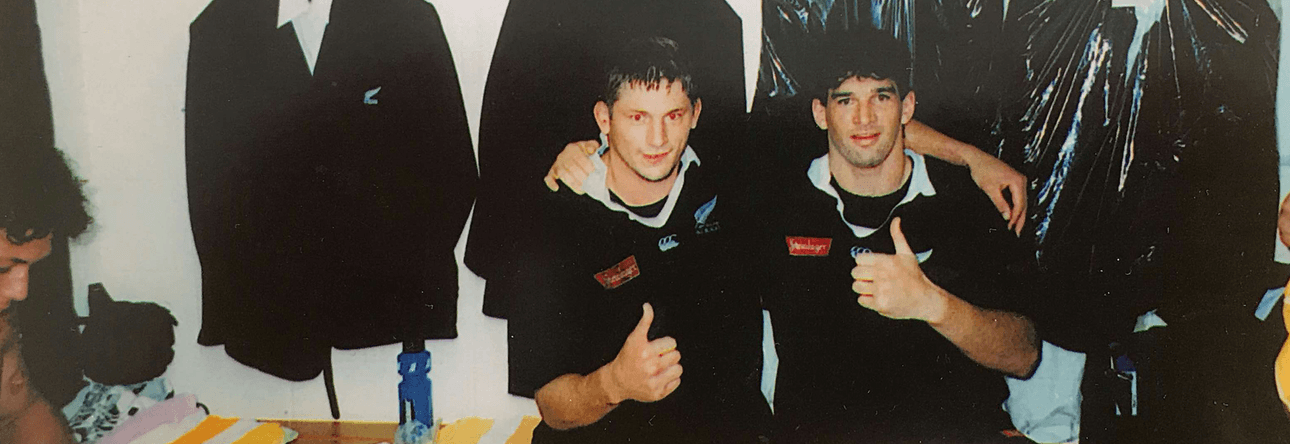 Aaron Hopa, right, with his close friend Todd Blackadder, after a game on the 1997 All Black tour to the United Kingdom. (Photo: Tracey Frame’s personal collection) 
