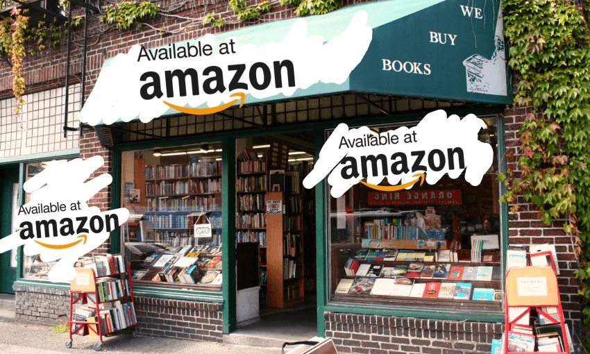 bookshop with the actual store name scrubbed out and replaced with "available at amazon"