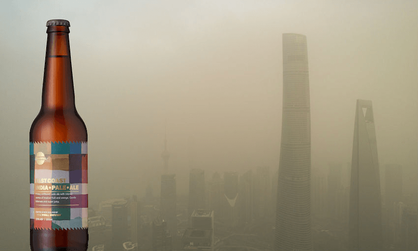 The Sawmill East Coast IPA against the hazy Shanghai skyline (Photo: Getty Images) 

